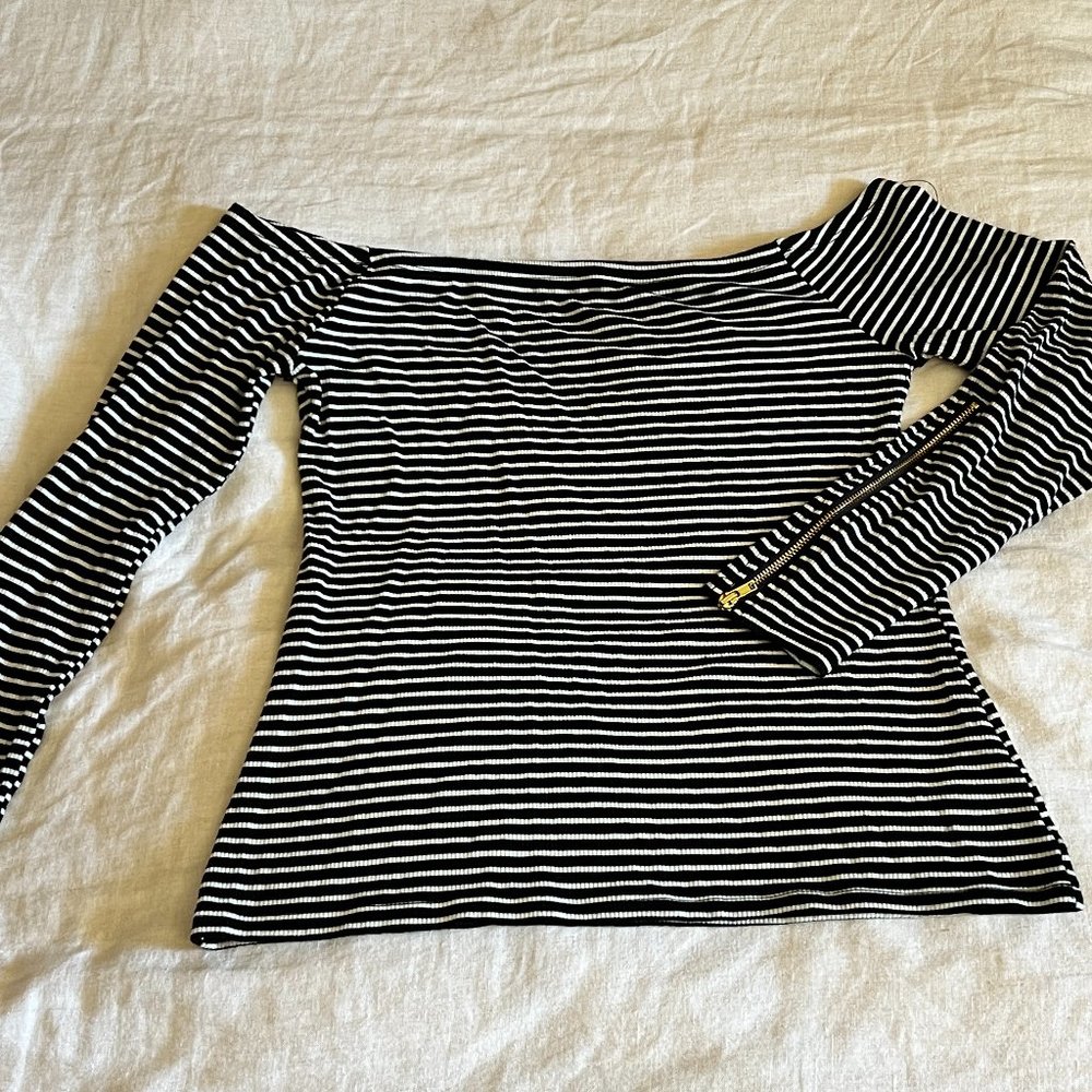 G by Guess | Woman's Off Shoulder Long Sleeve Stripped Top Size L
